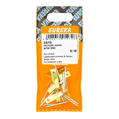 Eureka Picture Hook Brass Plated & Pin Single hole 6.6 x 23.7 x 8.7mm (10 Pack)