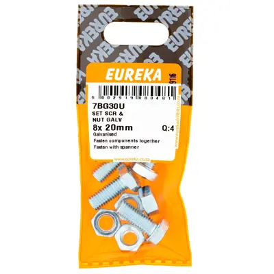 Eureka Set Screw & Nut Galvanised 8 x 20mm (4 Pack)